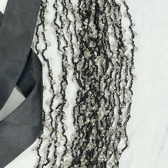 Black Multi Strand Beaded Ribbon Tie Necklace - Picture 4 of 11